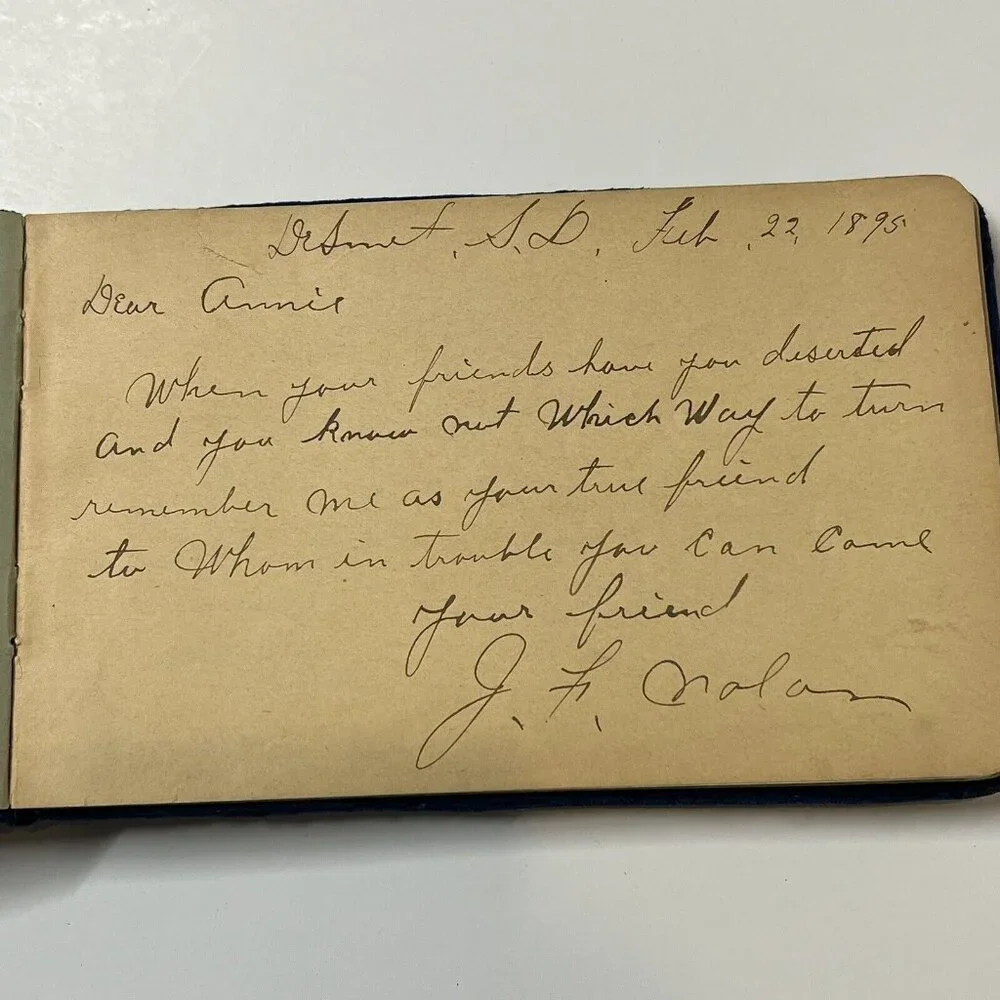 1880s Antique AUTOGRAPH ALBUM Blue Velvet Cover Anna J. Nelson Blooming Prairie